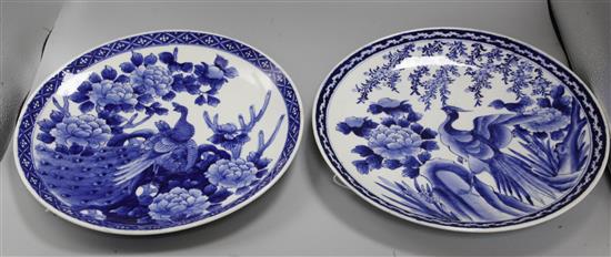 Two Japanese blue and white chargers decorated with birds and flowers, diameter 34cm